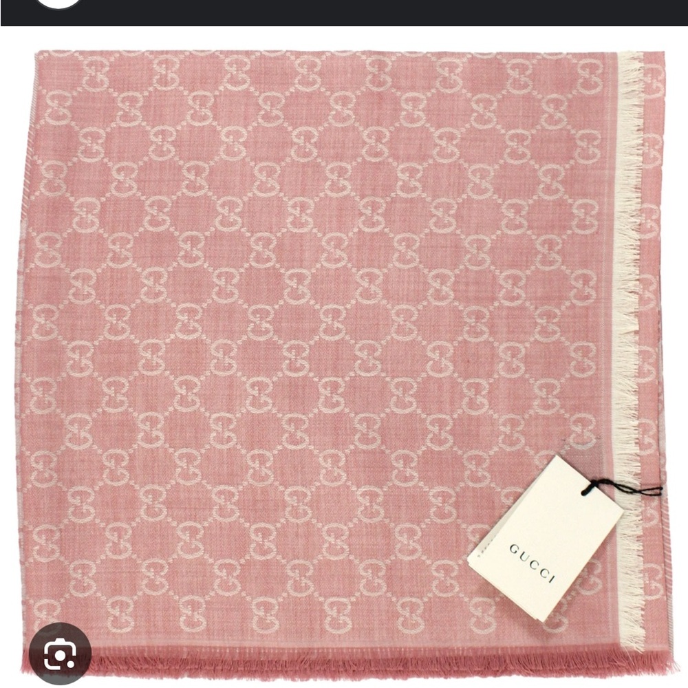 Gucci Pashmina Shawl - wool/silk 2-tone Pink & Ivory GG Web Monogram 55” Scarf